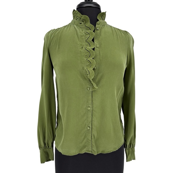 Sézane Chlo Embroidered 100% Silk Long Sleeve Blouse | Sz FR 32 (US 0) | Olive - Picture 5 of 16